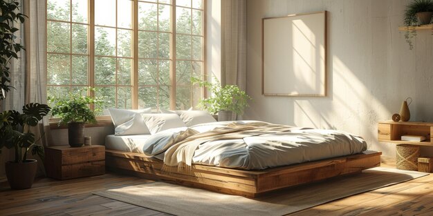 Bright and cozy modern bedroom with wooden large bed smoothing morning light with modern decoration