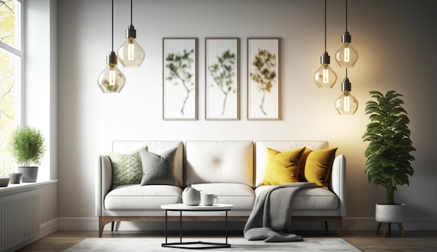 Foto gli interni luminosi e accoglienti del soggiorno moderno hanno un divano e una lampada sullo sfondo della parete bianca ia generativa