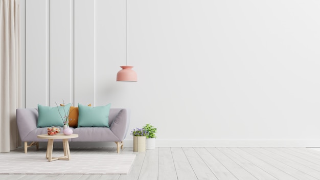 Bright and cozy modern living room interior have sofa and lamp with white wall.