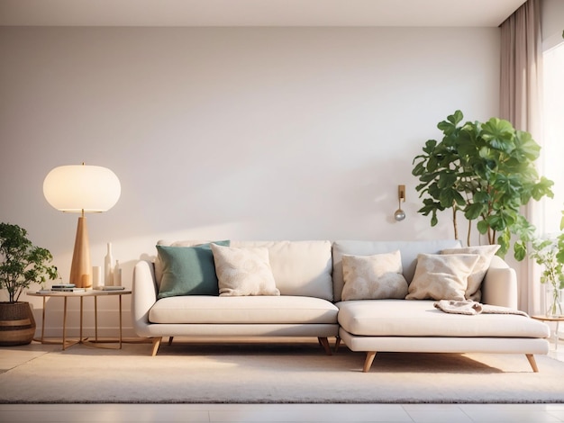 Яркий и уютный современный интерьер гостиной с диваном и лампой с белой стеной