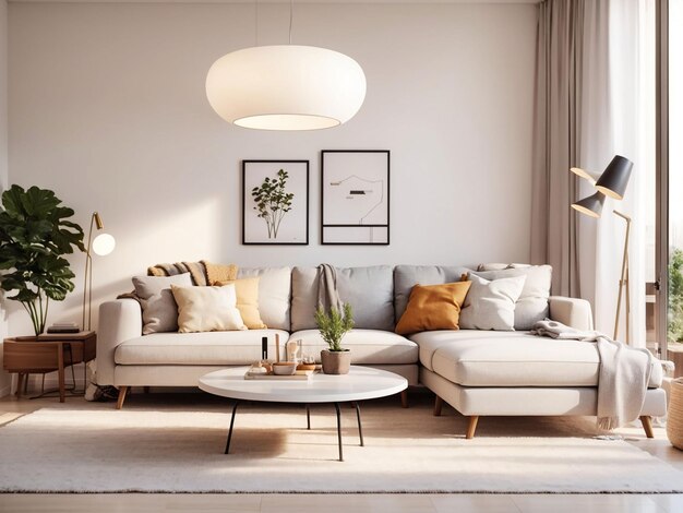 L'interno luminoso e accogliente del soggiorno moderno dispone di divano e lampada con parete bianca