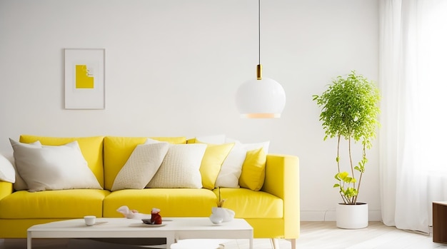 Bright and cozy modern living room interior have sofa and lamp with white wall