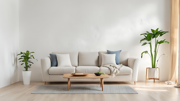 bright and cozy modern living room interior have sofa and plant with white plaster wall