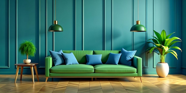 緑色のソファと部屋の装飾 3D レンダリングで明るくて快適な近代的なリビングルームのインテリア
