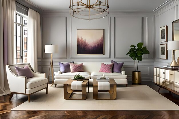 Bright and cozy Modern Minimalist living room interior with sofa rattan furniture and wallpaper de