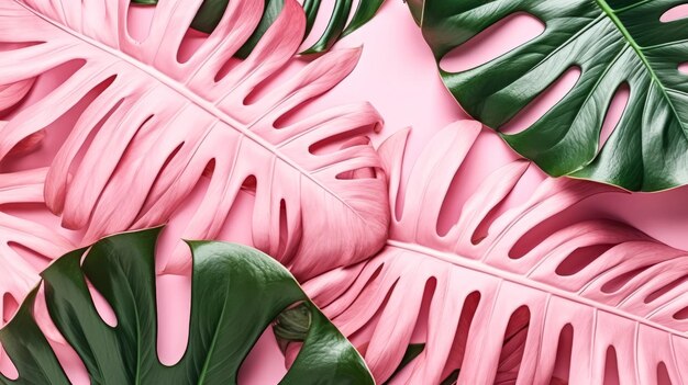 Photo a bright and creative color scheme created from tropical leaves on a pink background