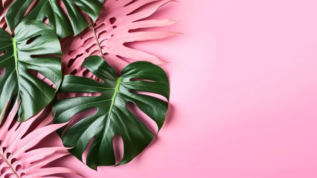 Photo a bright and creative color scheme created from tropical leaves on a pink background