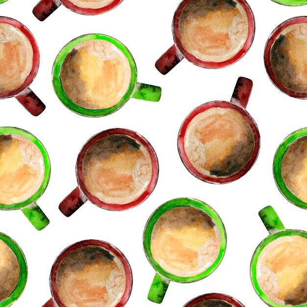 Bright cups with coffee green and red watercolor seamless pattern