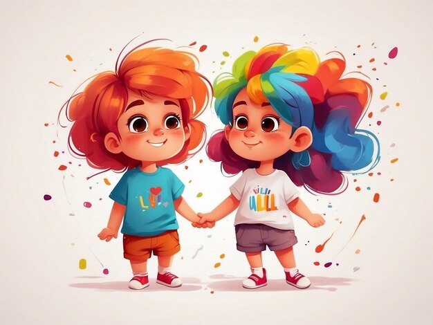 Bright cute boys and girls with rainbow colored hair in cartoon style on a white background