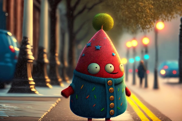 Bright cute christmas tree character walking in town along street