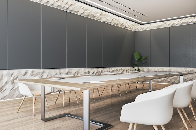 Bright dark meeting room interior with stone decor wooden flooring and mock up place on plank walls 3D Rendering