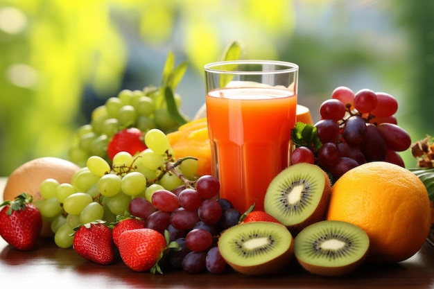 Photo bright day fresh mix fruits and multifruit juice on garden table blurred background