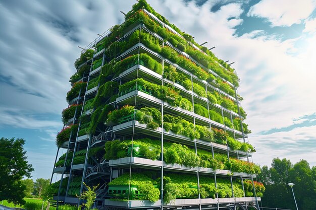 Photo bright daytime view of vertical farm exterior emphasizing innovative farming