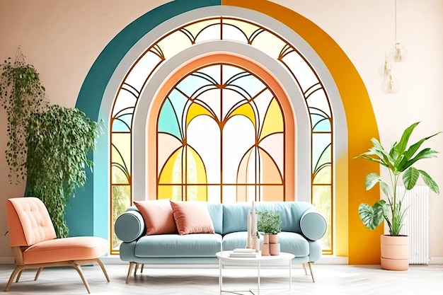 Bright decor in form of arched windows with geometric patterns