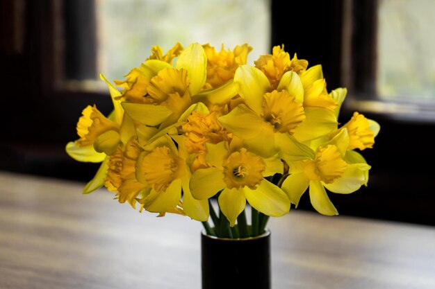 Foto un delicato bouquet luminoso di grandi narcisi gialli