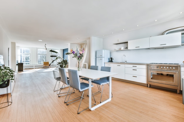 Bright dining room with decorative table and chairs