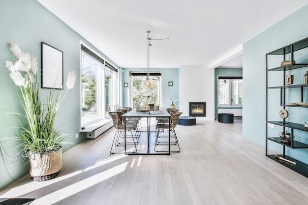 Bright dining room with decorative table and chairs