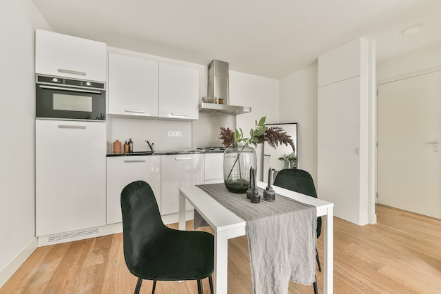 Bright dining room with decorative table and chairs