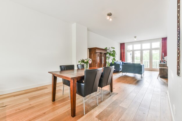 Bright dining room with decorative table and chairs