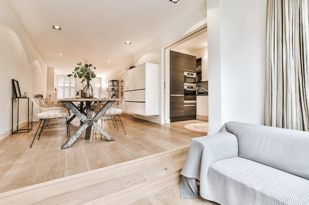 Bright dining room with decorative table and chairs