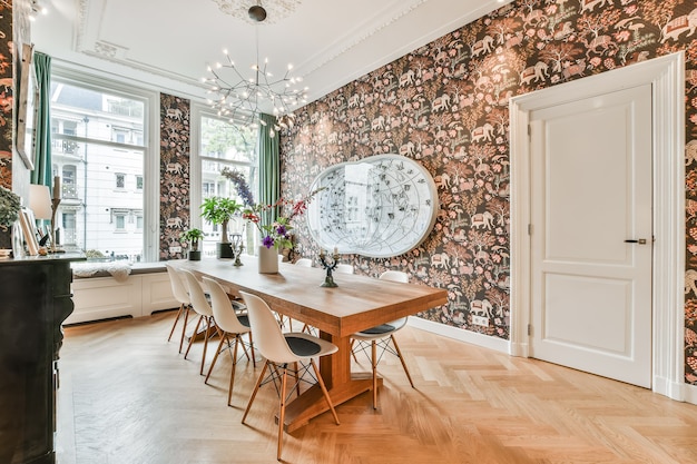 Bright dining room with decorative table and chairs