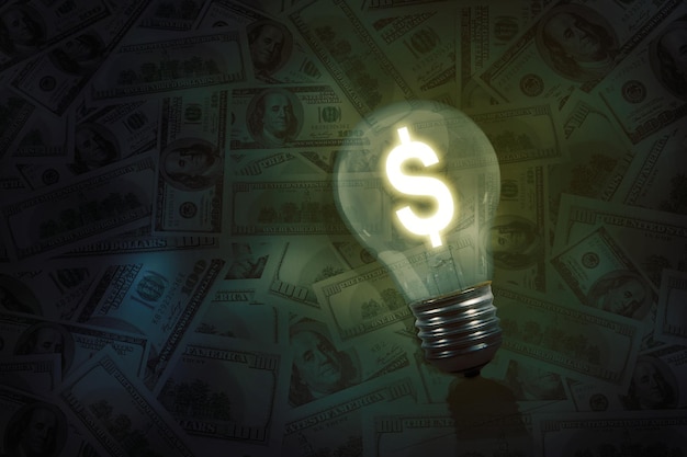 Photo bright dollar symbol on the light bulb over money