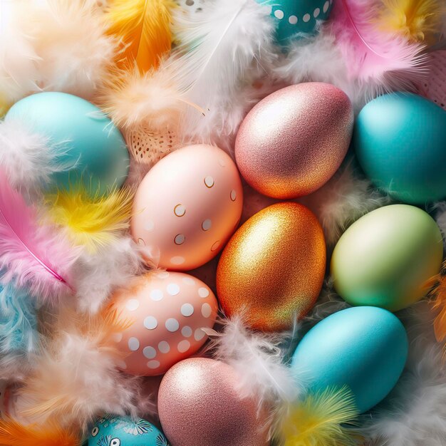 Bright Easter Bright colorful Easter eggs on soft fluffy feathers Closeup the view from the top