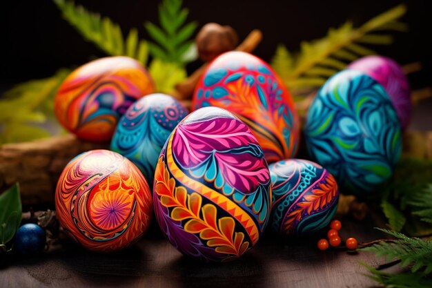 Яркие пасхальные яйца, украшенные различными цветами с различными узорами