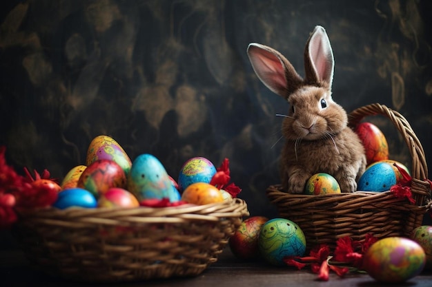 Яркие пасхальные яйца в плетеной корзине и фигура кролика на столе в помещении