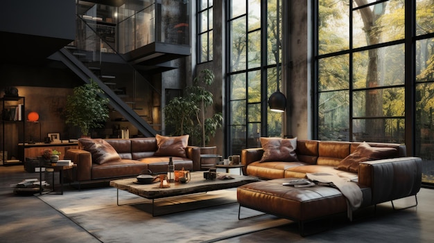 Bright eclectic open space living area interior in luxury cottage Grunge walls vintage leather couches wooden coffee table staircase home decor panoramic windows with forest view
