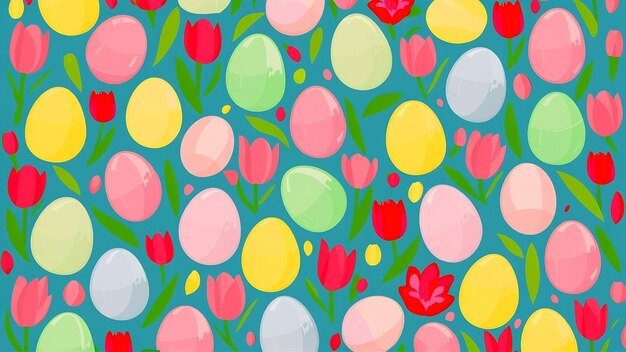 Bright eggs and tulips on turquoise background