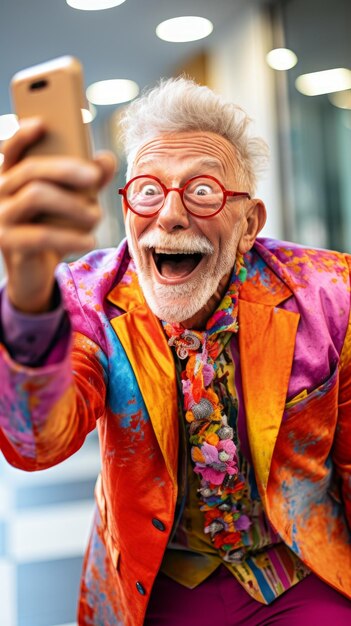 Bright elderly people humorously try to take a selfie with a phone Generative AI