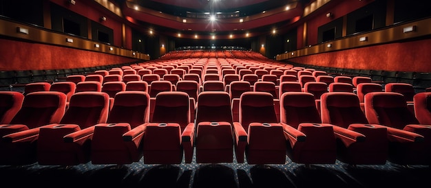 Bright empty red seats in cinema rows