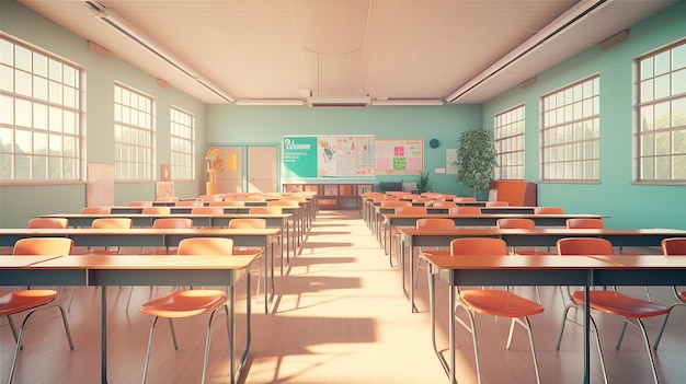 Bright empty school classroom with all chairs facing forward Generative AI