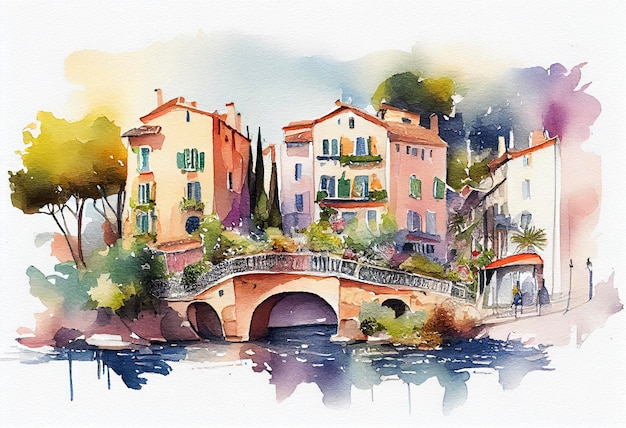 A bright fairytale watercolor of houses along the river with a bridge french riviera generat ai