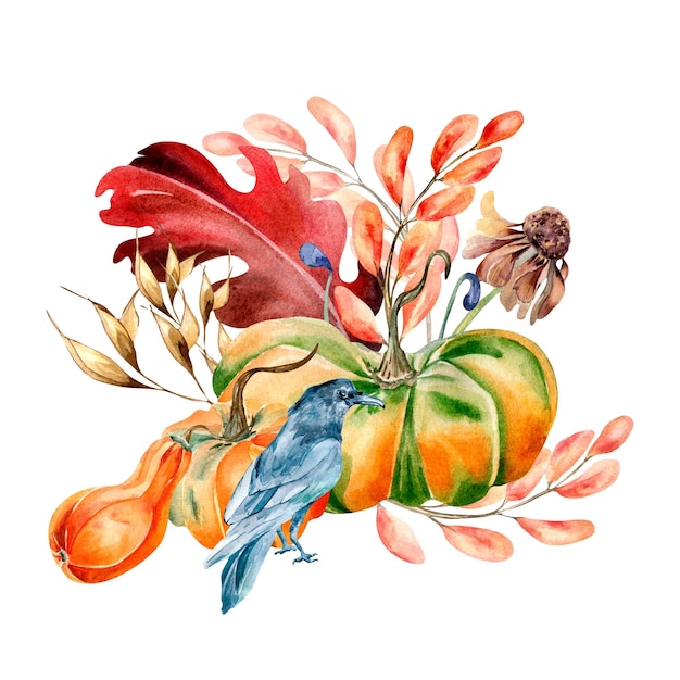 Photo bright fall composition with colorful plants and crow watercolor illustration isolated on white