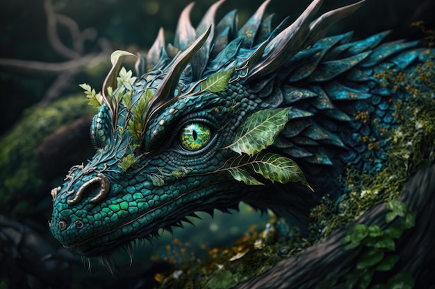 Photo bright fantasy animal in form of forest dragon with eyes and nose created with generative ai