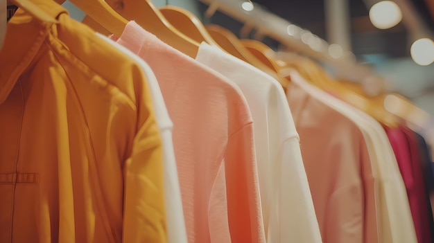 現代ブティックのハンガーに輝くファッショナブルな服装 トレンディなアパレルディスプレイ ビジュアルマーケティングコンセプト 女性 ファッション リテール AI