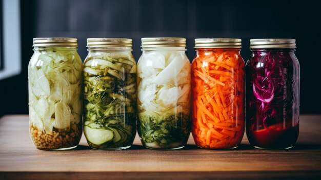 鮮やかな発酵した野菜はガラスの容器に保管される