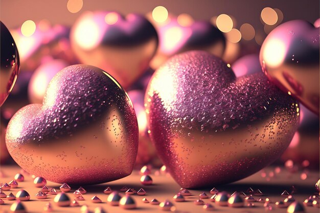 Bright festive background with inflatable hearts sequins and bokeh Light Effect Ai generated