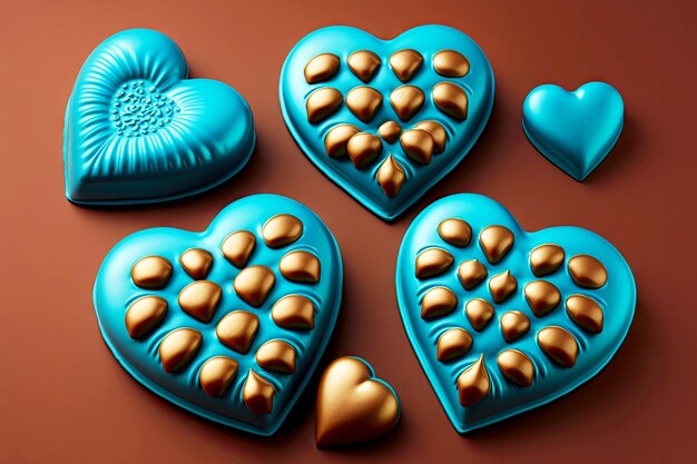 Bright festive chocolate heart shapes on blue background created with generative ai