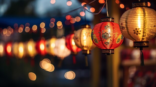 Bright festive lanterns strung up close up