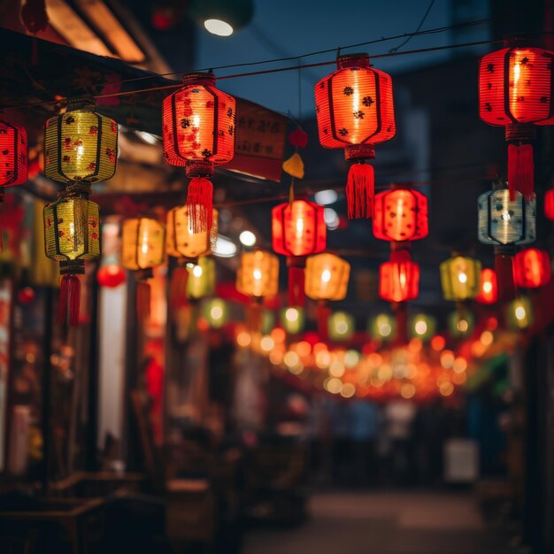 Bright festive lanterns strung up close up