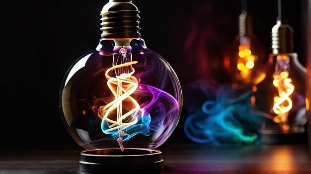 A bright filament bulb light with swirl colorful smoke on dark at bottom generated by ai