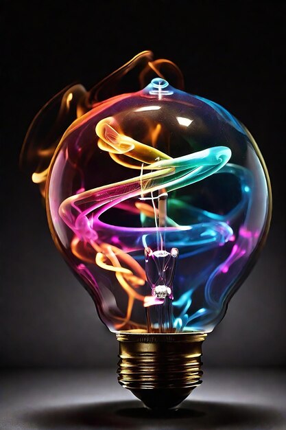 A bright filament bulb light with swirl colorful smoke on dark at bottom generated by ai