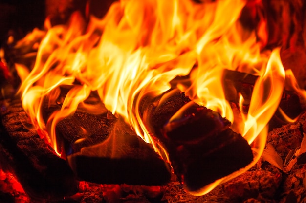 Bright fire in the fireplace, in the foreground burned firewood