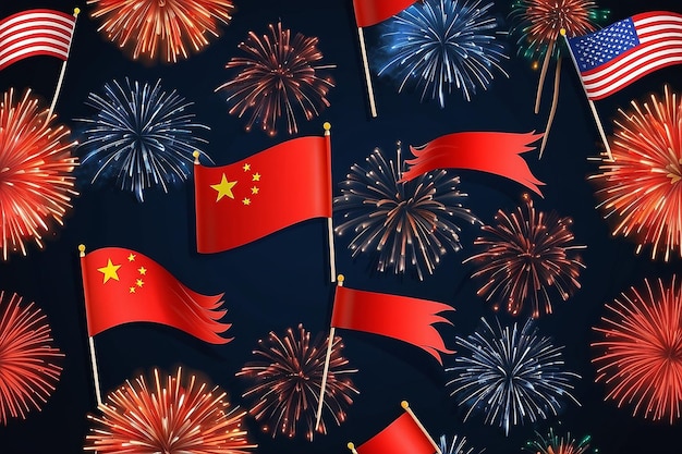 Bright firework with flags China for holidays Illustration