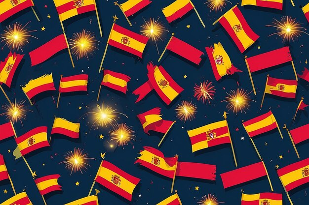 Bright firework with flags of spain happy spain day flags illustration