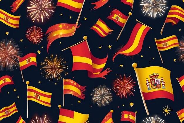 Bright firework with flags of Spain Happy Spain day flags Illustration