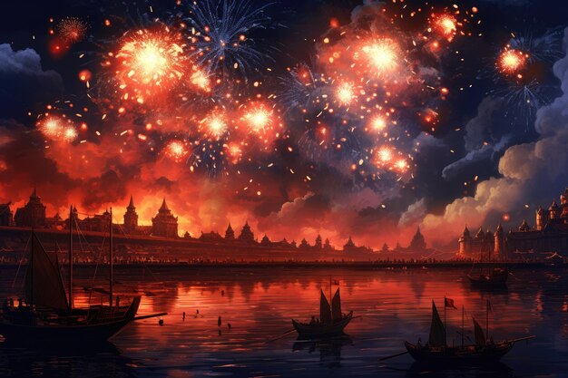 Bright fireworks at festive celebration along river at night